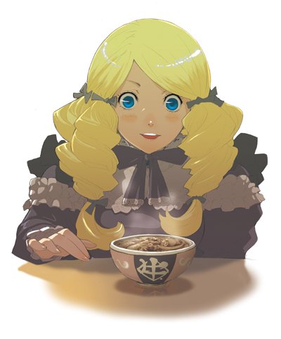 enami katsumi, bad id, bad pixiv id, lowres, 1girl, blonde hair, blue eyes, drill hair, eating, female focus, food, goth fashion, ribbon, solo, twintails