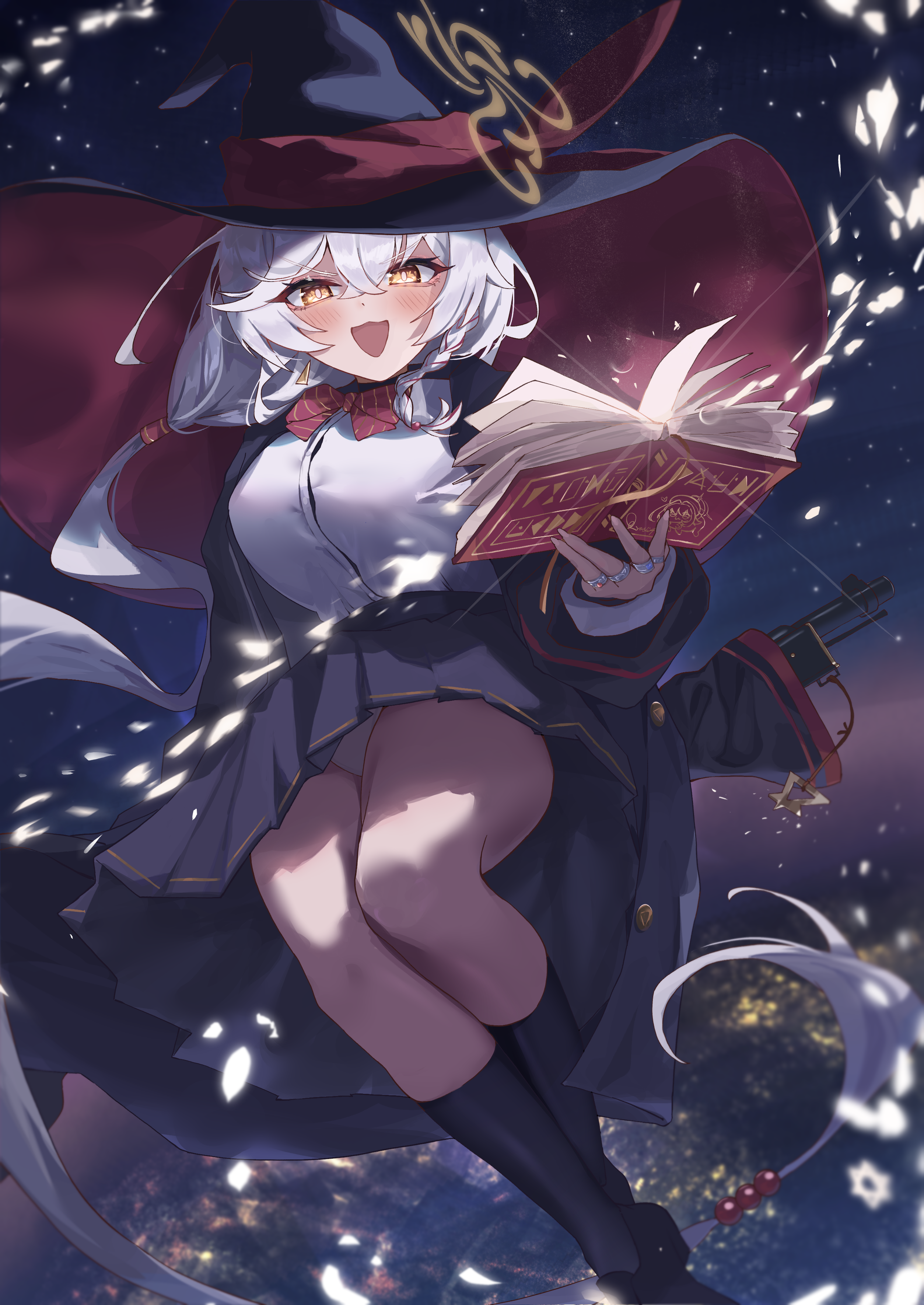 nekoplanetouo, eri (blue archive), blue archive, absurdres, highres, 1girl, black hat, black jacket, black shoes, black skirt, black socks, blush, book, bow, braid, breasts, broom, broom riding, brown eyes, casting spell, crossed bangs, grey hair, gun, hair between eyes, hat, holding, holding book, jacket, kneehighs, large breasts, long hair, looking at viewer, open clothes, open jacket, open mouth, panties, pantyshot, pleated skirt, red bow, rifle, shoes, sidelocks, single braid, skirt, sky, socks, solo, thighs, underwear, very long hair, weapon, white panties, witch, witch hat