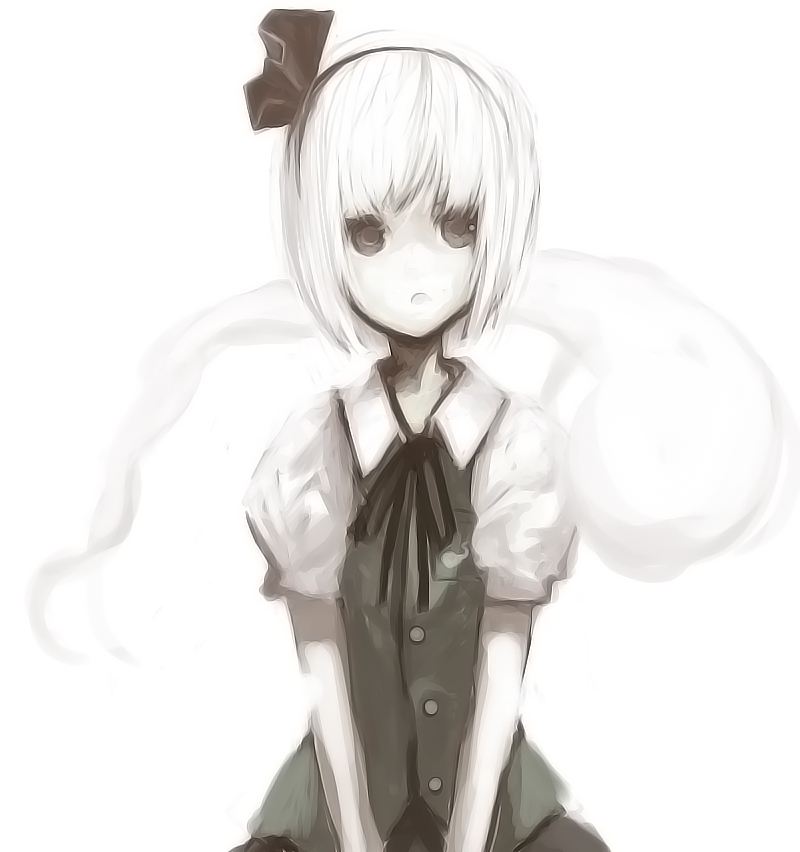 suzuki ritsu, konpaku youmu, konpaku youmu (ghost), touhou, 1girl, bow, female focus, hairband, hitodama, solo, white hair