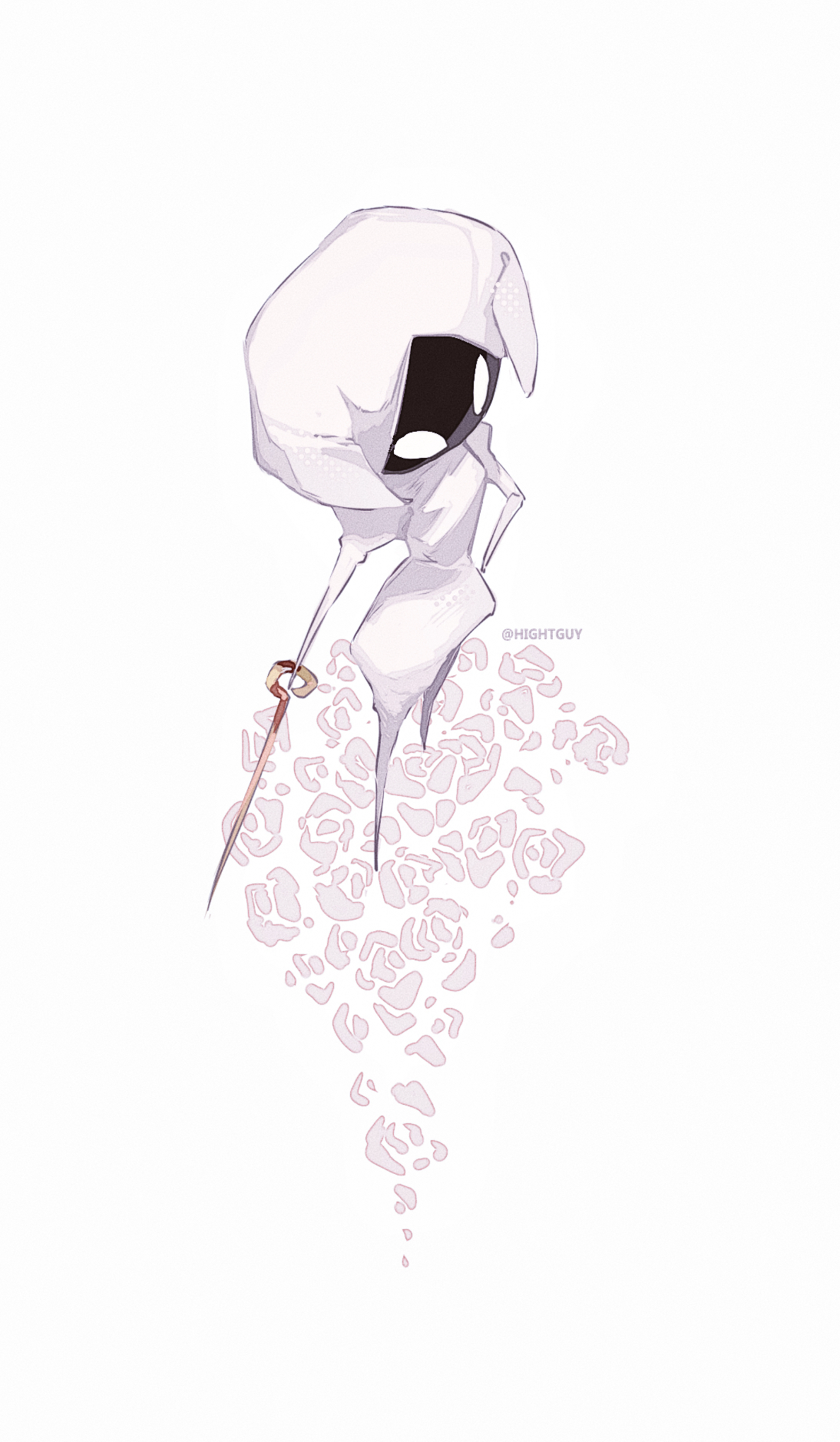 hightguy, lace (hollow knight), hollow knight, commentary, highres, symbol-only commentary, 1girl, arm at side, artist name, dress, film grain, flower, from above, full body, halftone, hand on own hip, hat, holding, holding polearm, holding weapon, juliet sleeves, long sleeves, looking at viewer, polearm, puffy sleeves, rose, simple background, solo, standing, weapon, white background, white dress, white flower, white hat, white rose