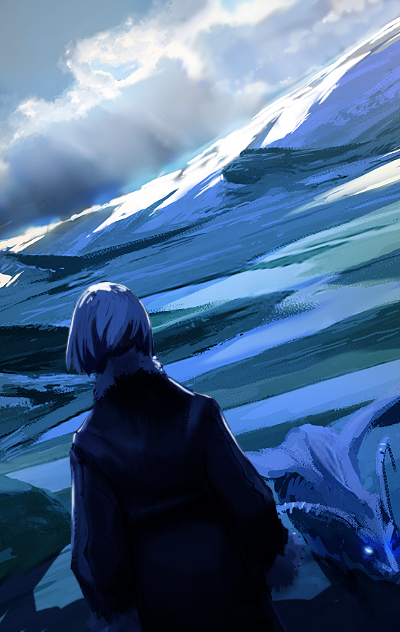 enami katsumi, bad id, bad pixiv id, gender request, androgynous, blue theme, cloud, dragon, fantasy, ocean, outdoors, scenery, sky, solo