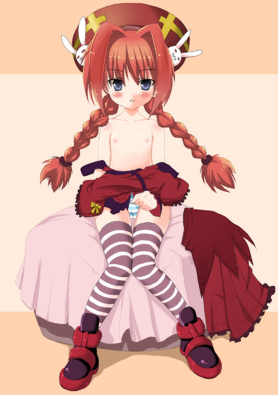 pikazo, vita (nanoha), lyrical nanoha, mahou shoujo lyrical nanoha, mahou shoujo lyrical nanoha a's, painttool sai (medium), 00s, 1girl, braid, female focus, hat, loli, nipples, panties, pantyshot, red hair, sitting, solo, striped clothes, striped panties, striped thighhighs, thighhighs, topless female, twin braids, underwear