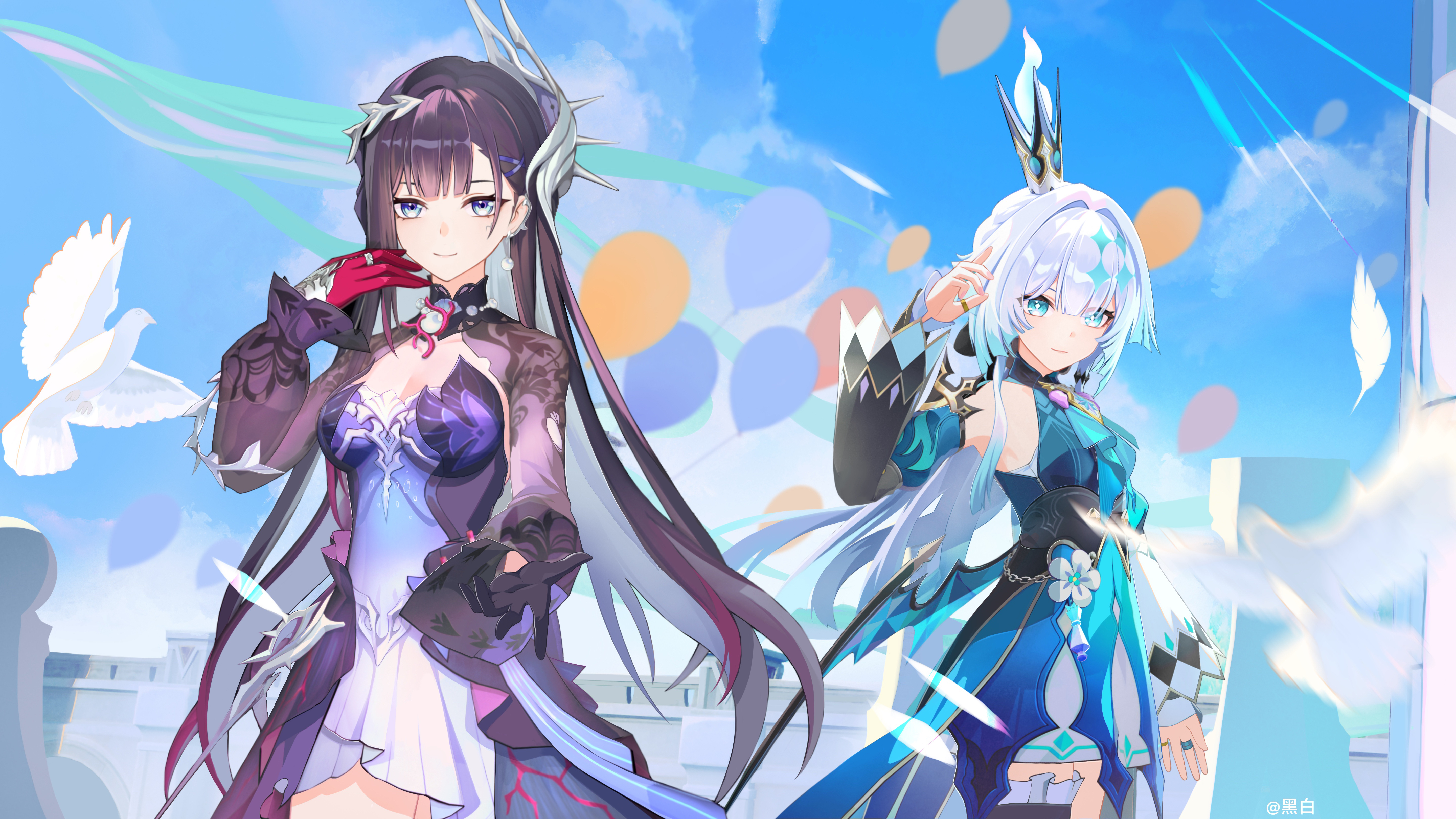 hei yubai yuan, cerydra (honkai: star rail), hysilens (honkai: star rail), honkai: star rail, honkai (series), absurdres, commentary request, highres, 2girls, asymmetrical gloves, balloon, bird, black gloves, black hair, blue dress, blue eyes, blue hair, blue sky, breasts, cleavage, crown, detached sleeves, dove, dress, earrings, gloves, hair ornament, jewelry, large breasts, long hair, mismatched gloves, multiple girls, reaching, reaching towards viewer, red gloves, shrug (clothing), sky, small breasts, very long hair