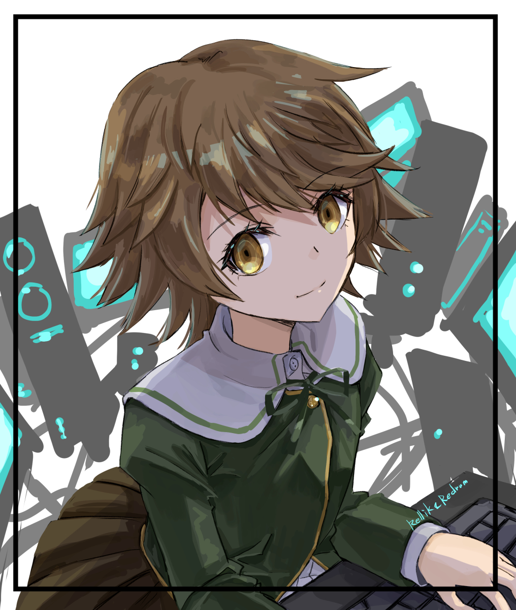 jun (rellik & redrum), fujisaki chihiro, danganronpa: trigger happy havoc, danganronpa (series), highres, 1boy, at computer, brown hair, computer, computer keyboard, crossdressing, crossdressing (mtf), laptop, looking at viewer, male focus, short hair, skirt, smile, solo, typing
