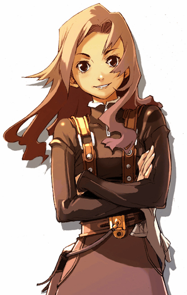 enami katsumi, 1girl, belt, brown eyes, brown hair, crossed arms, female focus, grin, leather, long hair, smile, solo, strap