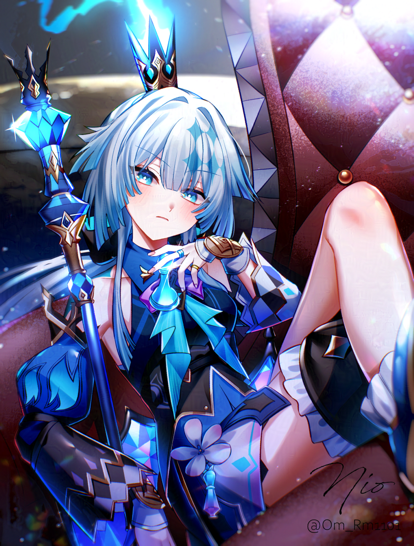 om rm1101, cerydra (honkai: star rail), honkai: star rail, honkai (series), commentary request, 1girl, black thighhighs, blue dress, blue eyes, blue hair, breasts, closed mouth, couch, crossed legs, crown, detached sleeves, dress, long hair, looking at viewer, medium breasts, on couch, scepter, single thighhigh, solo, thighhighs, thighs, very long hair