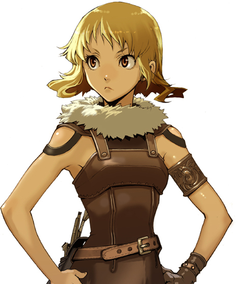 enami katsumi, 1girl, armband, armlet, belt, blonde hair, breasts, eyelashes, fantasy, female focus, frown, gloves, hand on own hip, jewelry, leather, overalls, simple background, small breasts, solo, white background