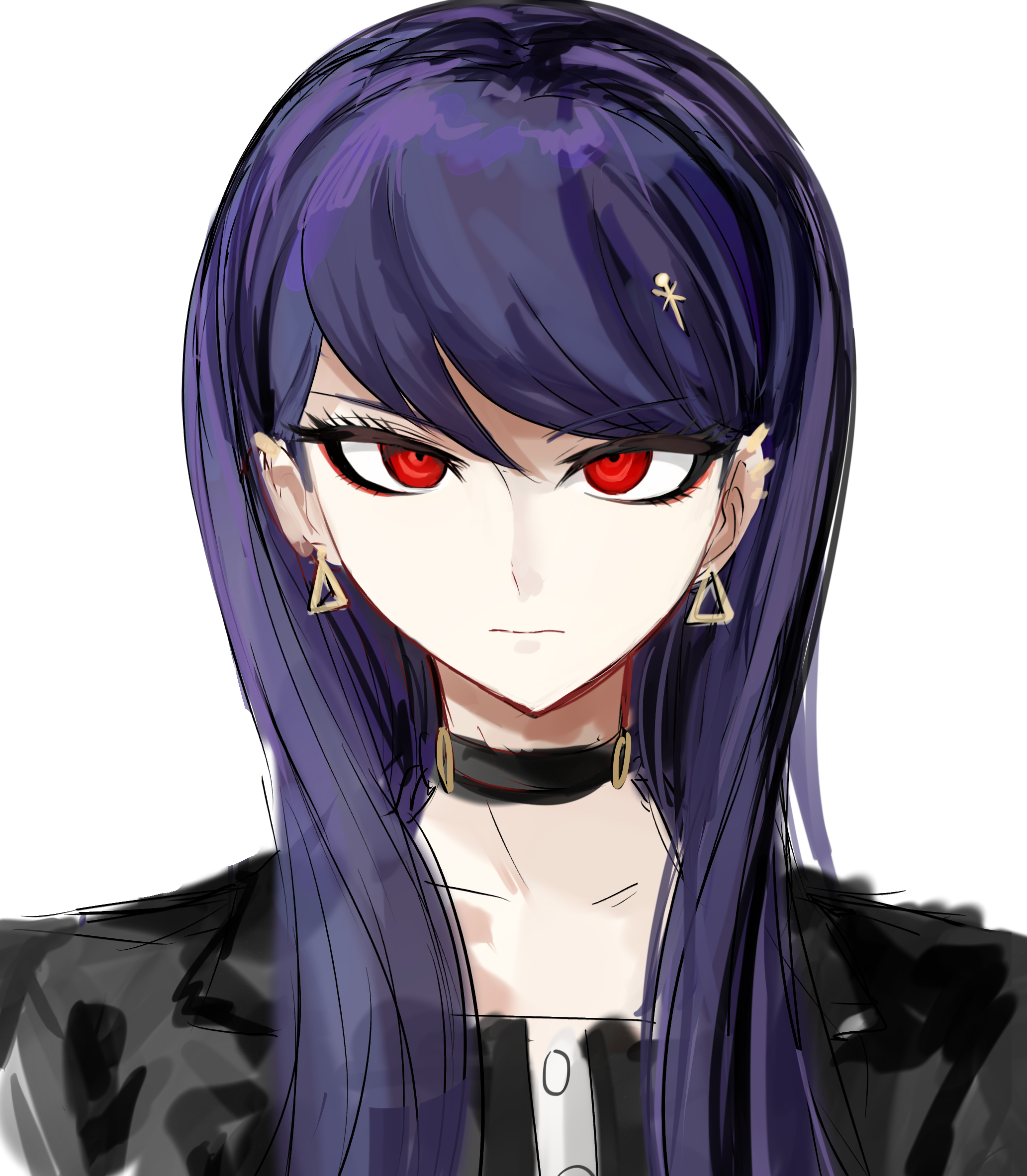 puru6829623335, shizuhara hiruko, the hundred line -last defense academy-, highres, 1girl, black choker, black dress, black jacket, choker, dress, earrings, hair ornament, jacket, jewelry, long hair, looking at viewer, purple hair, red eyes, simple background, solo, swept bangs, white background