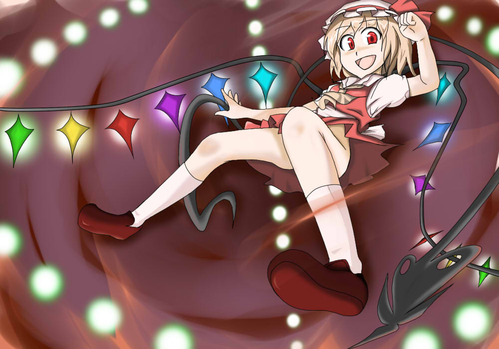 hayate (higan sakura), nihyakumasuta, flandre scarlet, touhou, bad id, bad pixiv id, 1girl, blonde hair, brown background, brown shoes, danmaku, female focus, from below, full body, glowing, hat, kneehighs, laevatein, legs apart, mob cap, no panties, red eyes, ribbon, shoes, socks, solo, white socks, wings