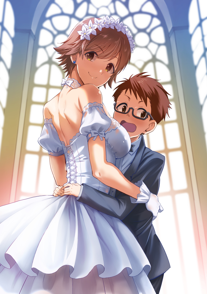 shiroyukimajima, honda mio, idolmaster, idolmaster cinderella girls, commission, skeb commission, 1boy, 1girl, black jacket, breasts, brother and sister, brown eyes, brown hair, closed mouth, detached sleeves, dress, earrings, flower, flower hairband, glasses, gloves, honda mio's younger brother, hug, indoors, jacket, jewelry, long sleeves, looking back, open mouth, puffy detached sleeves, puffy sleeves, semi-rimless eyewear, short hair, shoulder blades, siblings, smile, standing, tuxedo, under-rim eyewear, wedding dress, white dress, white flower, white gloves