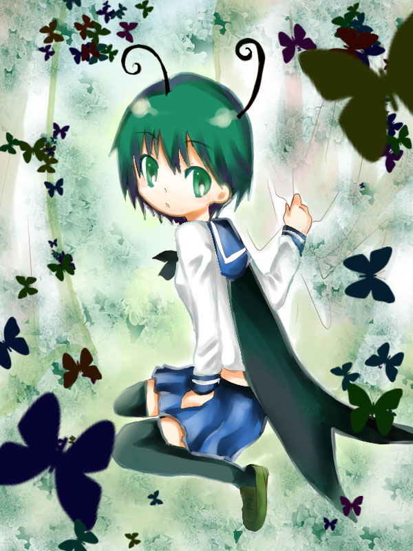 nightbug, wriggle nightbug, touhou, bad id, bad pixiv id, 1girl, alternate costume, antennae, bug, butterfly, cape, female focus, green eyes, green hair, matching hair/eyes, school uniform, serafuku, short hair, skirt, solo, thighhighs