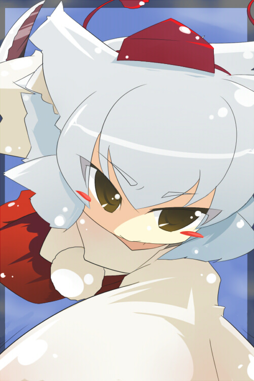 oka (bananashoe), inubashiri momiji, touhou, silver hair, 1girl, :>, animal ears, blush stickers, brown eyes, chibi, female focus, hat, solo, sword, tokin hat, weapon, wolf ears