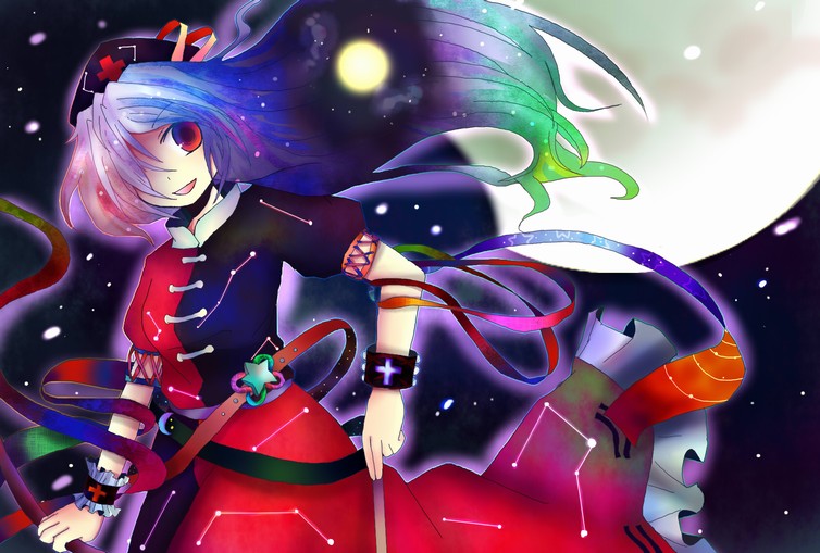 kazu (muchuukai), yagokoro eirin, touhou, bad id, bad pixiv id, 1girl, colorful, female focus, full moon, glowing, hat, long hair, moon, outdoors, red eyes, sky, solo, standing