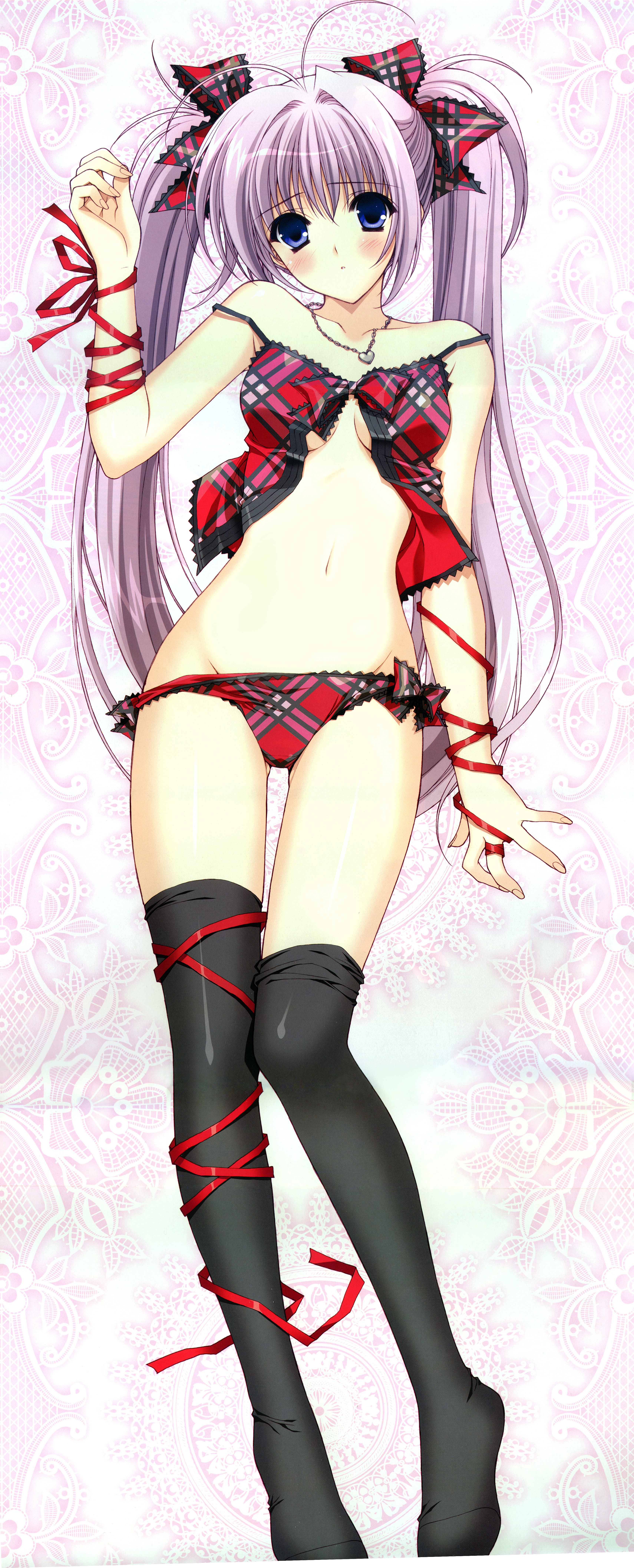 suzuhira hiro, primula, original, shuffle!, plaid, absurdres, highres, huge filesize, official art, 00s, 1girl, babydoll, blue eyes, dakimakura (medium), female focus, jewelry, lingerie, locket, panties, pendant, purple hair, side-tie panties, solo, thighhighs, twintails, underwear