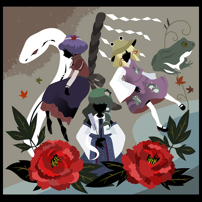 pokemizu, kochiya sanae, mishaguji, moriya suwako, yasaka kanako, touhou, 3girls, faceless, female focus, frog, japanese clothes, miko, multiple girls, snake, thighhighs, white snake
