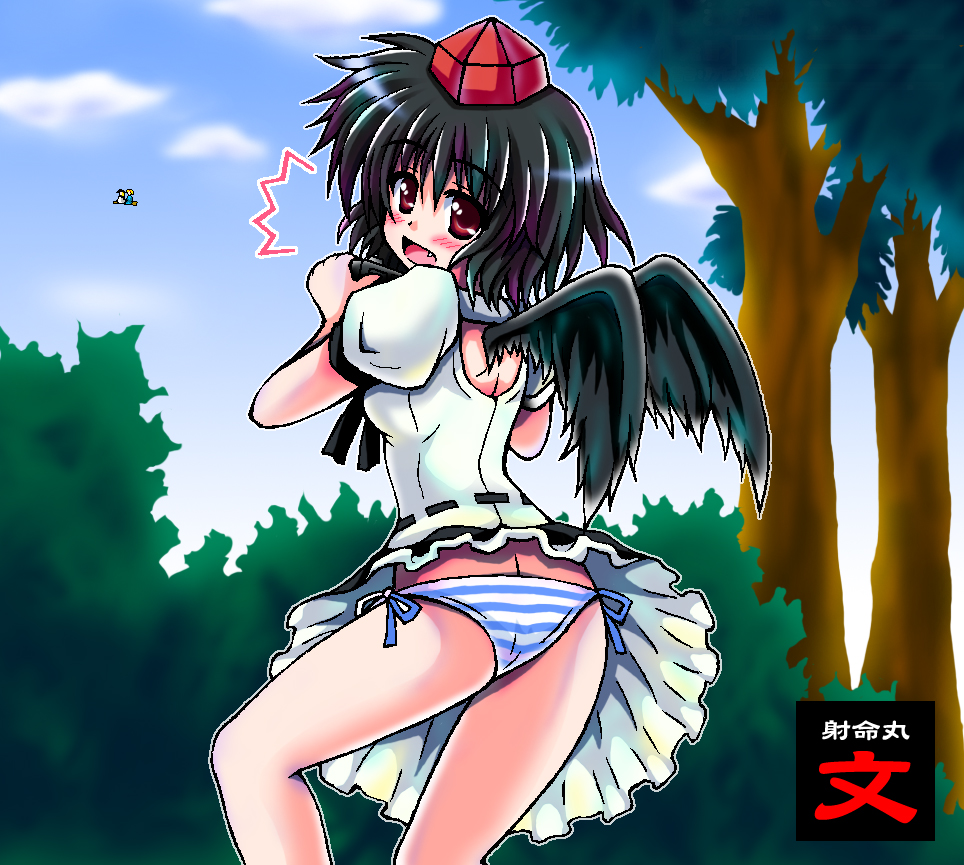 nagana sayui, alice margatroid, kirisame marisa, shameimaru aya, touhou, bad id, bad pixiv id, 3girls, ^^^, black hair, black wings, blonde hair, blue sky, blush, broom, broom riding, camera, cloud, day, embarrassed, female focus, flying, forest, hat, multiple girls, nature, open mouth, outdoors, panties, pantyshot, pleated skirt, side-tie panties, skirt, sky, standing, straight hair, striped clothes, striped panties, surprised, tree, underwear, upskirt, wings