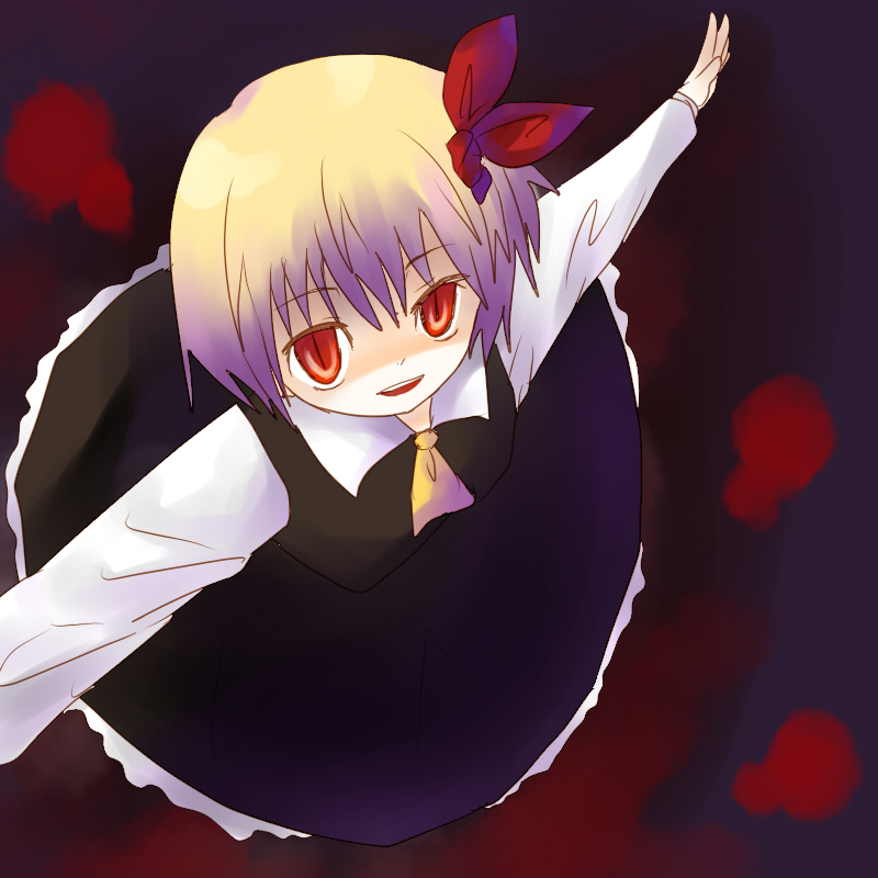 nightbug, rumia, embodiment of scarlet devil, touhou, bad id, bad pixiv id, 1girl, blonde hair, female focus, hair ribbon, outstretched arms, red eyes, ribbon, short hair, slit pupils, solo, spread arms