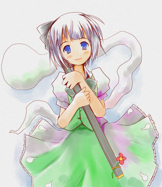 kanoe soushi, konpaku youmu, konpaku youmu (ghost), touhou, bad id, bad pixiv id, 1girl, blue eyes, female focus, hitodama, katana, ribbon, school uniform, serafuku, sheath, sheathed, solo, sword, weapon, white hair