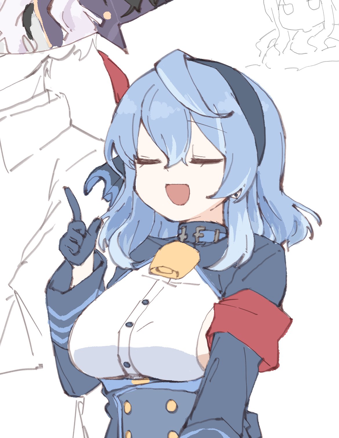 eka1547, ako (blue archive), hina (blue archive), sensei (blue archive), blue archive, highres, 1boy, 1girl, armband, bell, blue gloves, blue hair, breasts, closed eyes, gloves, hair between eyes, hair ribbon, hairband, index finger raised, large breasts, long sleeves, open mouth, red armband, ribbon, simple background, solo focus, upper body, white background