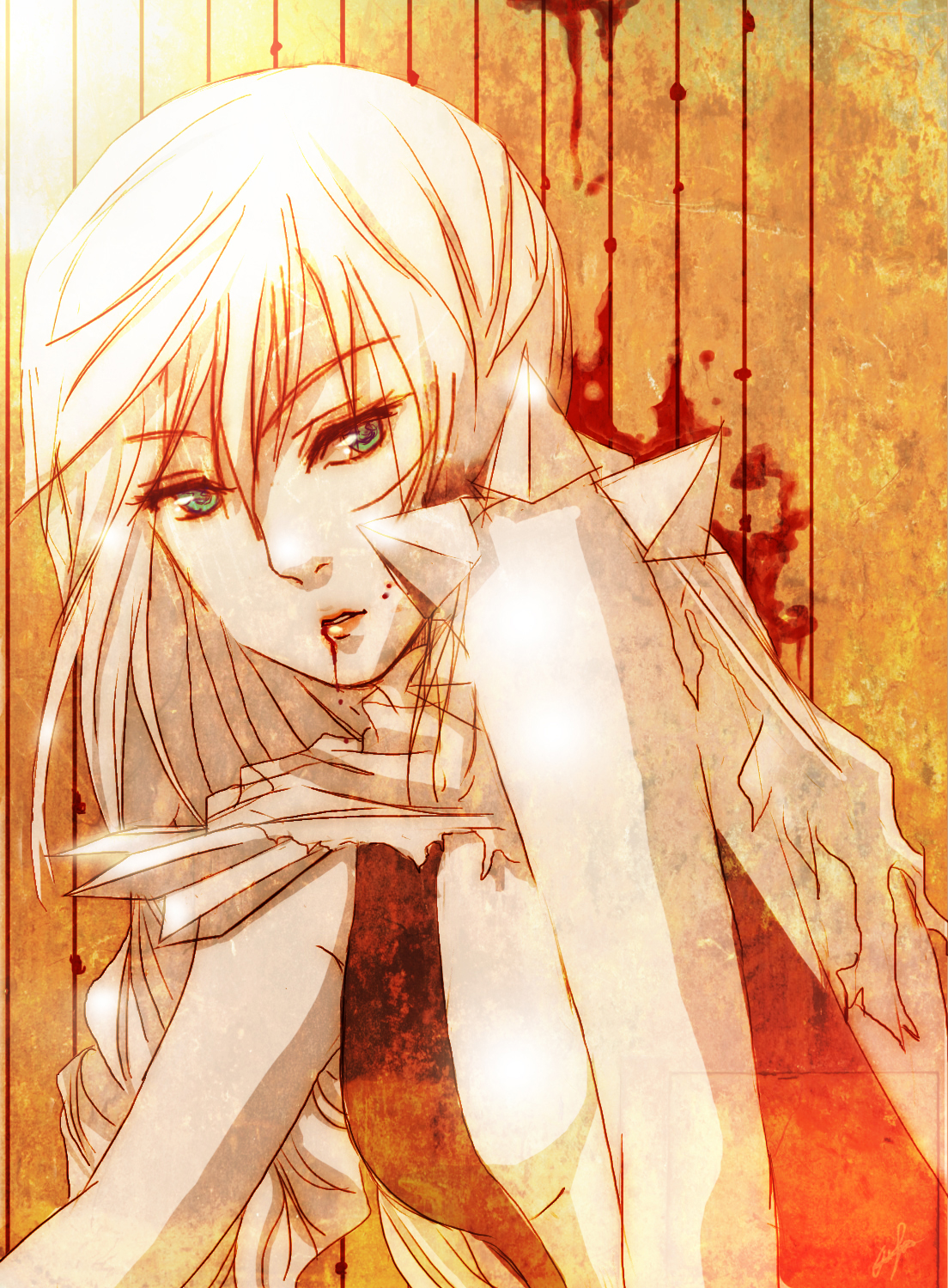 aira saunar, assassin cross (ragnarok online), ragnarok online, commentary, english commentary, highres, 1girl, black leotard, blood, blood on face, breasts, brown background, expressionless, green eyes, hair between eyes, leotard, lips, long hair, looking at viewer, medium breasts, solo, upper body, white hair