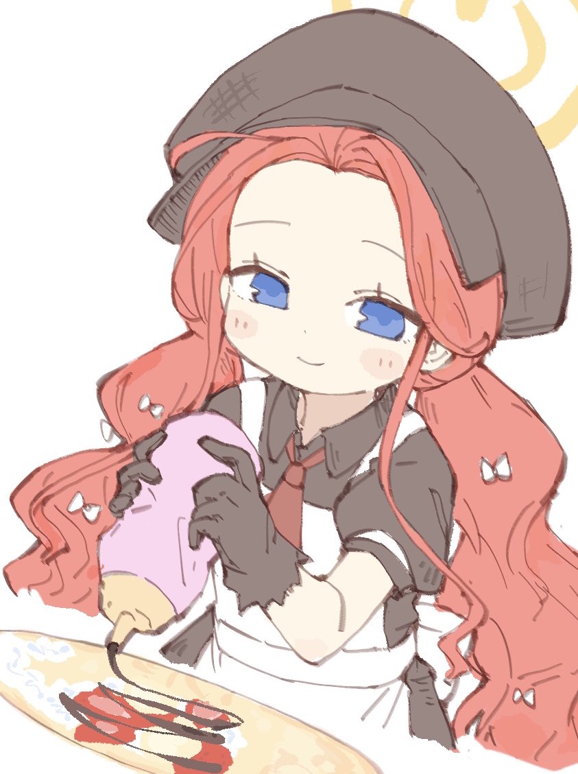 eka1547, yuzu (blue archive), blue archive, 1girl, alternate costume, alternate hairstyle, apron, black apron, black gloves, blue eyes, blush, brown hat, food, gloves, halo, hat, long hair, looking at viewer, low twintails, red hair, short sleeves, simple background, solo, twintails, white apron, white background