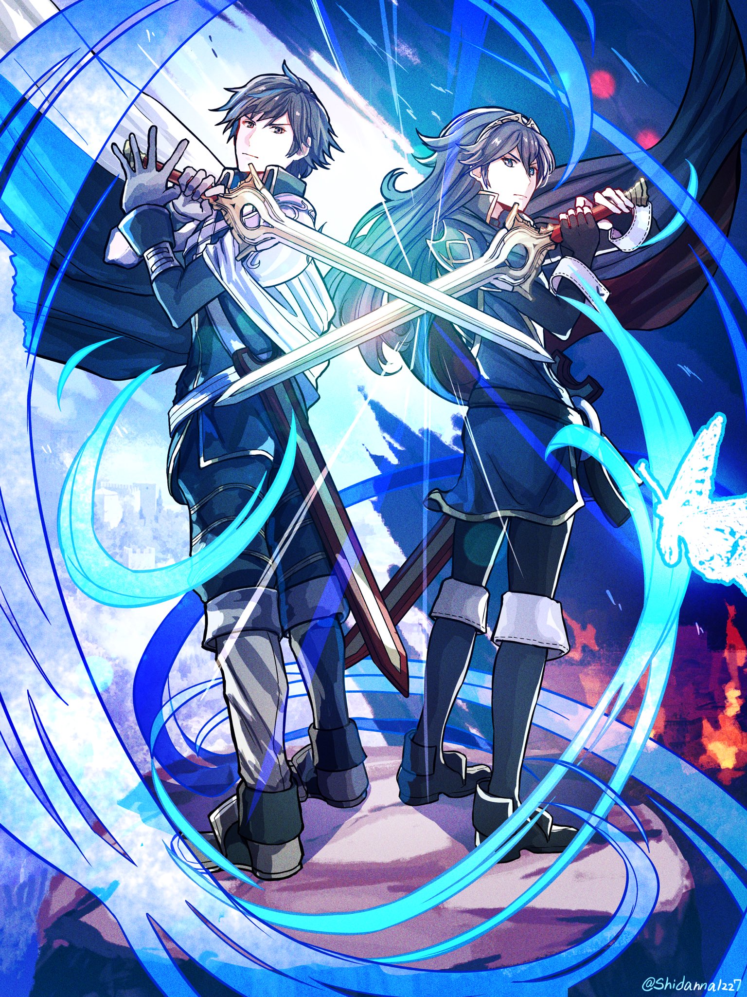 shidanna1227, chrom (fire emblem), lucina (fire emblem), fire emblem, fire emblem awakening, nintendo, commentary request, highres, 1boy, 1girl, blue cape, blue eyes, blue gloves, blue hair, boots, cape, closed mouth, falchion (fire emblem), father and daughter, fingerless gloves, gloves, grey boots, hair between eyes, holding, holding sword, holding weapon, long hair, long sleeves, looking at viewer, red cape, short hair, sword, tiara, twitter username, two-tone cape, weapon, white cape