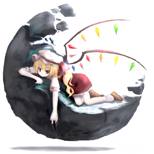 tsubasa (abchipika), flandre scarlet, touhou, lowres, 1girl, blonde hair, female focus, floating, floating object, hat, lying, mob cap, oekaki, red eyes, short hair, side ponytail, solo, wings