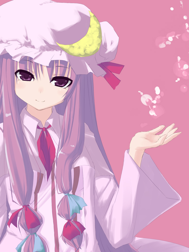 muranisaki, patchouli knowledge, touhou, bad id, bad pixiv id, 1girl, bow, female focus, hat, long hair, pink bow, ribbon, solo