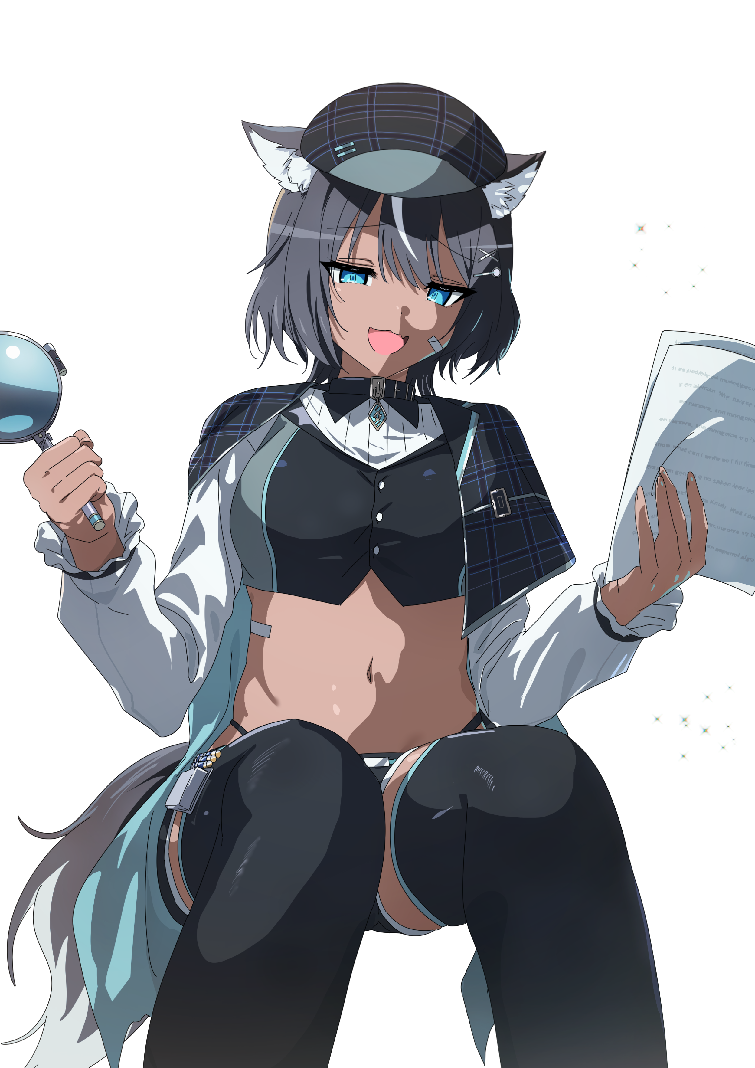 misaki nonaka, fangsie fido, variance project, absurdres, commission, highres, second-party source, 1girl, animal collar, animal ear fluff, animal ears, bandaid, bandaid on face, black capelet, black hair, black hat, black shorts, black thighhighs, black vest, blue eyes, breasts, capelet, collar, cropped shirt, cropped vest, dark-skinned female, dark skin, detective, dog ears, dog girl, dog tail, frilled sleeves, frills, hair ornament, hat, holding, holding magnifying glass, holding paper, long sleeves, looking at viewer, magnifying glass, medium breasts, midriff, multicolored hair, navel, open mouth, paper, plaid capelet, plaid clothes, plaid hat, shirt, short hair, short shorts, shorts, solo, streaked hair, tail, thighhighs, transparent background, vest, virtual youtuber, white shirt, white streaks, x hair ornament