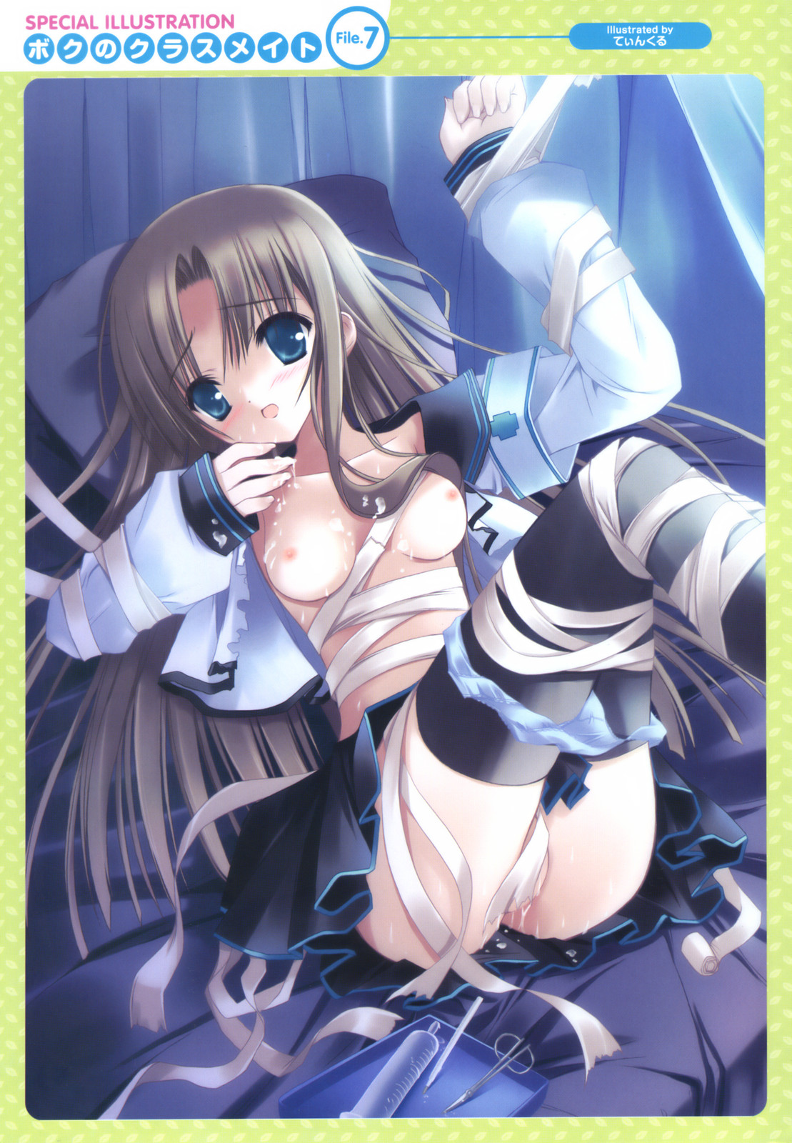 tinker bell (pixiv 10956015), highres, 1girl, armband, bandages, bdsm, blue eyes, bondage, bound, breasts, brown hair, female focus, lying, nipples, open clothes, open shirt, pussy juice, school uniform, serafuku, shirt, solo, syringe, thighhighs