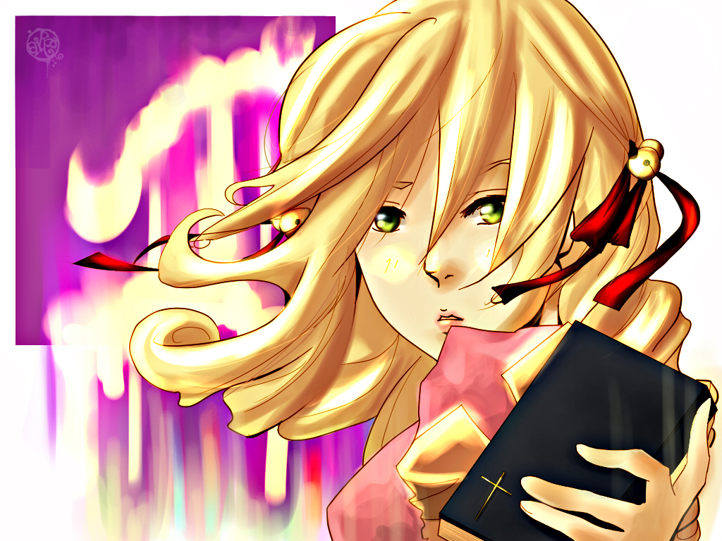 aira saunar, high priest (ragnarok online), ragnarok online, commentary, english commentary, 1girl, bell, blonde hair, book, bow, dress, floating hair, green eyes, hair bell, hair bow, hair ornament, holding, holding book, jingle bell, lips, long hair, looking at viewer, pink dress, purple background, red bow, solo, upper body, white background