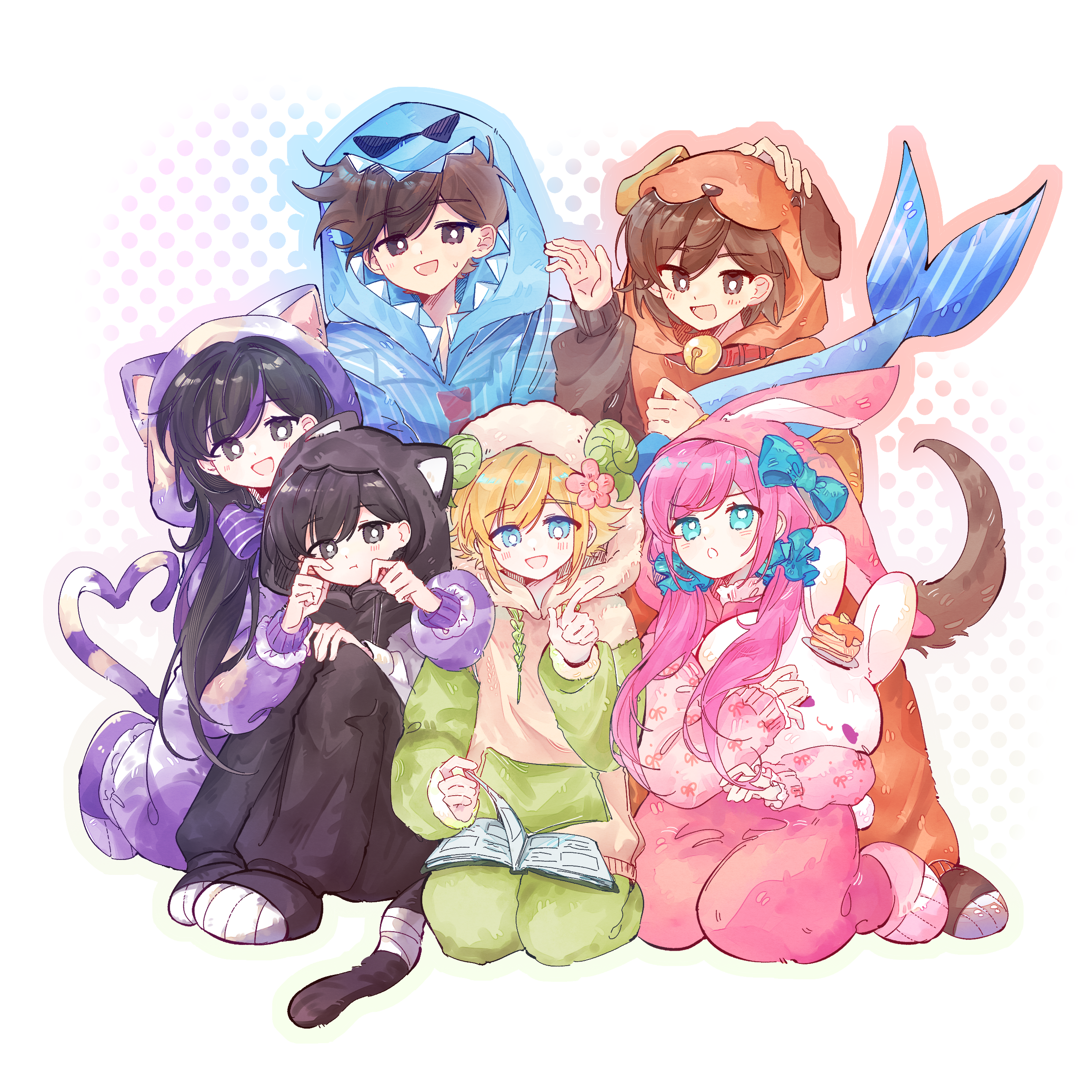 aubrey (faraway) (omori), aubrey (omori), basil (faraway) (omori), basil (omori), hero (faraway) (omori), hero (omori), kel (faraway) (omori), kel (omori), mari (faraway) (omori), mari (omori), mewo, mr. jawsum, pancake bunny (omori), sunny (omori), omori, absurdres, chinese commentary, commentary request, highres, 2girls, 4boys, :d, :o, :t, alternate costume, animal costume, bell, black eyes, black hair, black jumpsuit, blonde hair, blue bow, blue eyes, blue hoodie, blue outline, book, book on lap, bow, bowtie, brother and sister, brothers, brown eyes, brown hair, cat costume, closed mouth, collar, dog costume, dog tail, double-parted bangs, fins, fish tail, frilled hair tubes, frills, full body, goat costume, gradient outline, green hoodie, green outline, green pants, hair behind ear, hair between eyes, hair tubes, halftone, halftone background, hand on another's head, hands on another's cheeks, hands on another's face, holding, holding book, holding stuffed toy, hood, hood bow, hood up, hoodie, index finger raised, jumpsuit, knees up, long hair, long sleeves, looking at another, looking at object, multicolored hair, multiple boys, multiple girls, neck bell, no sclera, onesie, open book, open mouth, outline, pants, pink hair, pink jumpsuit, pink outline, puffy long sleeves, puffy sleeves, purple bow, purple bowtie, purple hair, purple jumpsuit, rabbit costume, raglan sleeves, red collar, red outline, shark costume, shark tail, siblings, sidelocks, simple background, sitting, sleeves past wrists, smile, streaked hair, striped bow, striped bowtie, striped clothes, stuffed animal, stuffed rabbit, stuffed toy, sweatdrop, swept bangs, tail, two-tone hair, two-tone hoodie, v-shaped eyebrows, very long hair, wariza, white background, white hoodie, yangliyongyuanshiyangchui