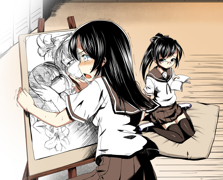 hirama hirokazu, na mizuumi, original, 2girls, black hair, blush, brown eyes, drawing (action), easel, glasses, multiple girls, school uniform, serafuku, thighhighs, yuri