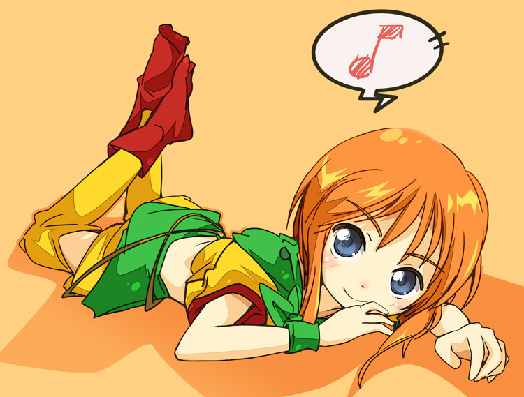 ixy, elpeo puru, gundam, gundam zz, blue eyes, brown hair, lying, musical note, on stomach, orange hair, short hair, socks, solo, thighhighs