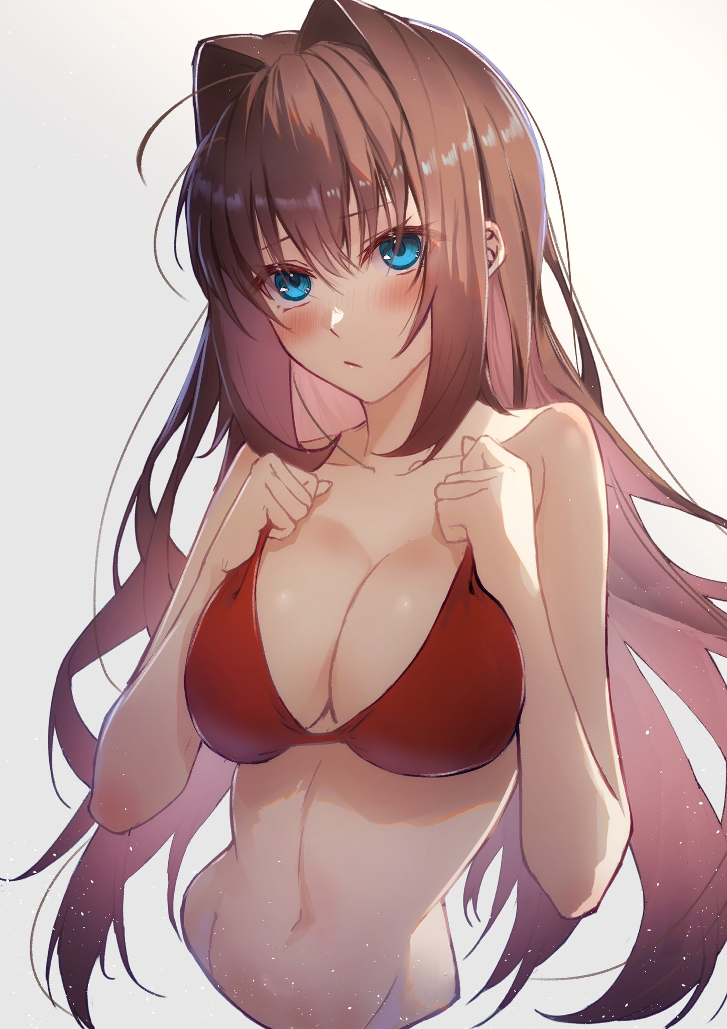 toomishou, aozaki aoko, mahou tsukai no yoru, commentary request, highres, 1girl, alternate costume, bikini, blue eyes, blush, breasts, brown hair, cleavage, closed mouth, cropped torso, hair between eyes, hair intakes, long hair, navel, red bikini, simple background, solo, stomach, swimsuit, very long hair, white background