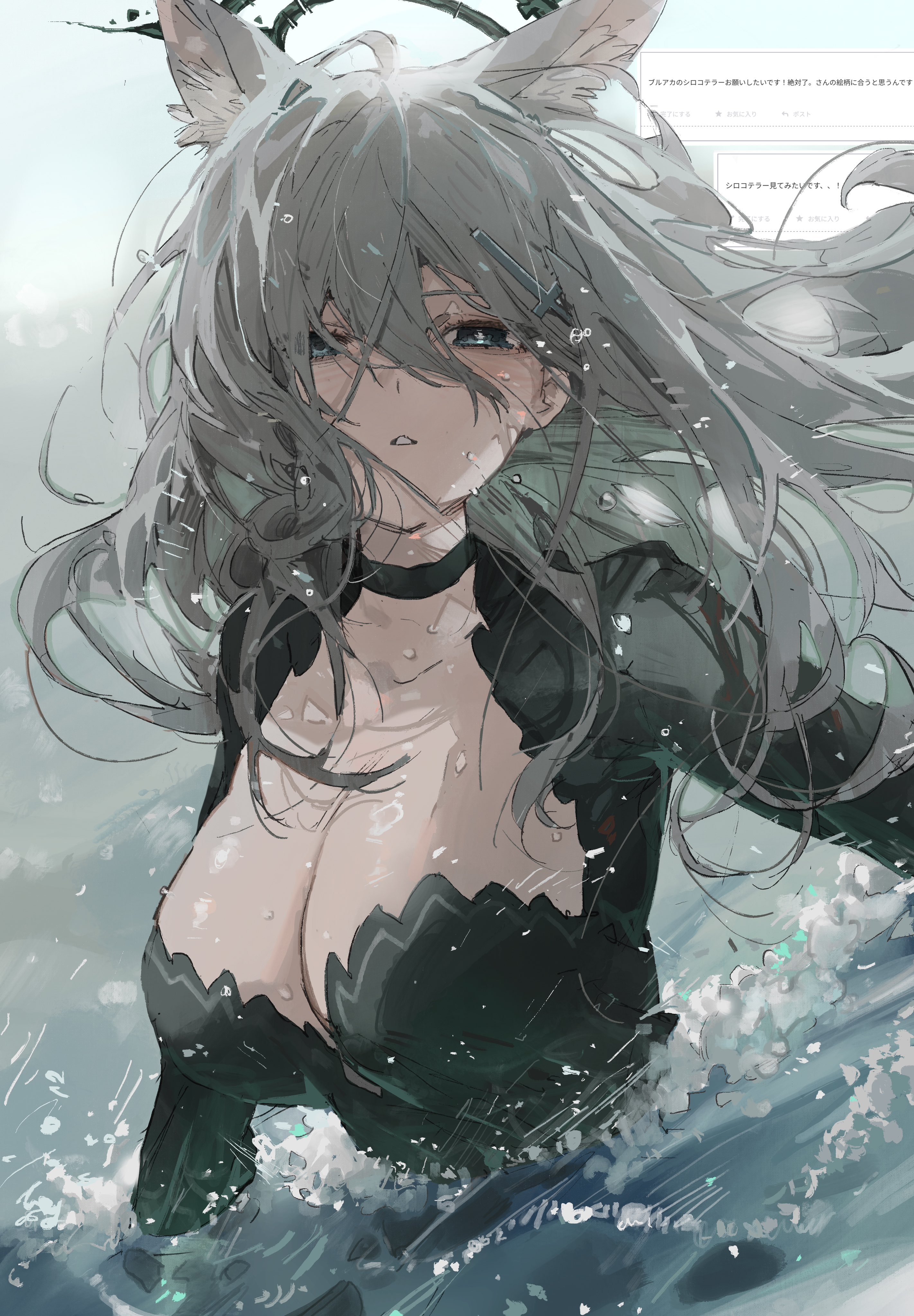 le (szs0k), shiroko terror (blue archive), blue archive, odaibako, absurdres, commentary request, highres, translation request, 1girl, animal ears, black dress, black halo, blue eyes, breasts, bright pupils, cleavage, collarbone, dress, grey hair, hair between eyes, half-closed eyes, halo, huge breasts, long hair, looking at viewer, parted lips, solo, teeth, upper body, water, white pupils