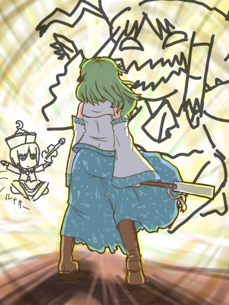 ameimo, hakurei reimu, kochiya sanae, lunasa prismriver, touhou, brown footwear, 2girls, ascot, blue skirt, boots, crescent, detached sleeves, female focus, from behind, full body, gohei, green hair, hair tubes, hat, holding, instrument, knee boots, long sleeves, monster, multiple girls, nontraditional miko, oonusa, sharp teeth, sidelocks, skirt, standing, tate eboshi, teeth, vest, violin