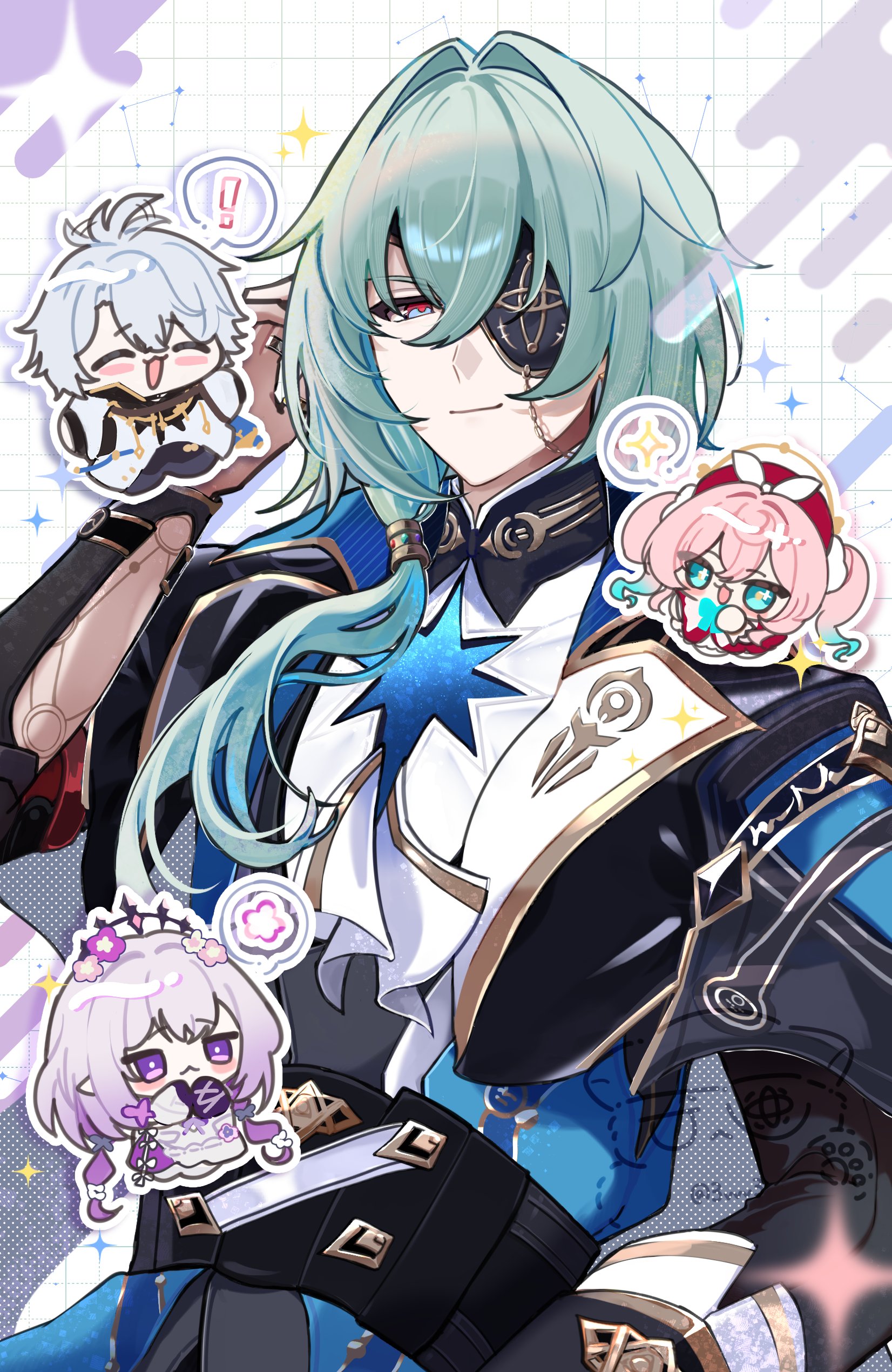 anaxa (honkai: star rail), castorice (honkai: star rail), hyacine (honkai: star rail), phainon (honkai: star rail), honkai: star rail, honkai (series), absurdres, highres, 2boys, 2girls, 3vvv3, aqua eyes, aqua hair, ascot, beret, black corset, black jacket, blue eyes, chain, chibi, closed mouth, corset, drill hair, eyepatch, grey hair, hair between eyes, hair intakes, hand up, hat, jacket, lapels, mandarin collar, medium hair, multiple boys, multiple girls, notched lapels, one eye covered, pink eyes, pink hair, pink pupils, purple eyes, purple hair, red hat, shirt, side ponytail, smile, twin drills, twintails, upper body, white ascot, white shirt