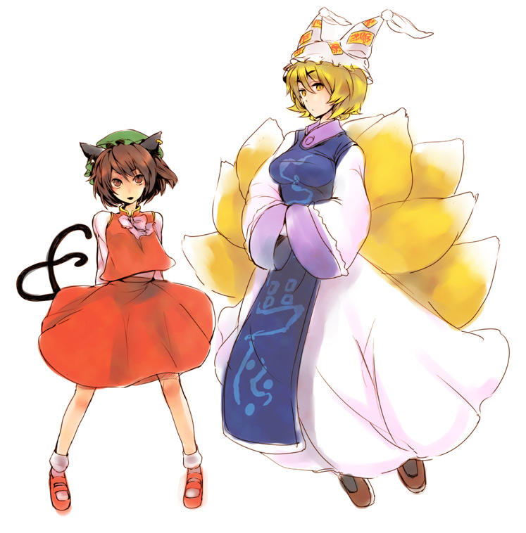 yukizen, chen, yakumo ran, touhou, 2girls, animal ears, animal hat, arms behind back, blonde hair, brown eyes, brown hair, cat ears, cat girl, cat tail, dress, earrings, female focus, fox tail, hands in opposite sleeves, hat, jewelry, long sleeves, mob cap, multiple girls, multiple tails, short hair, tail, tassel, white background, wide sleeves, yellow eyes