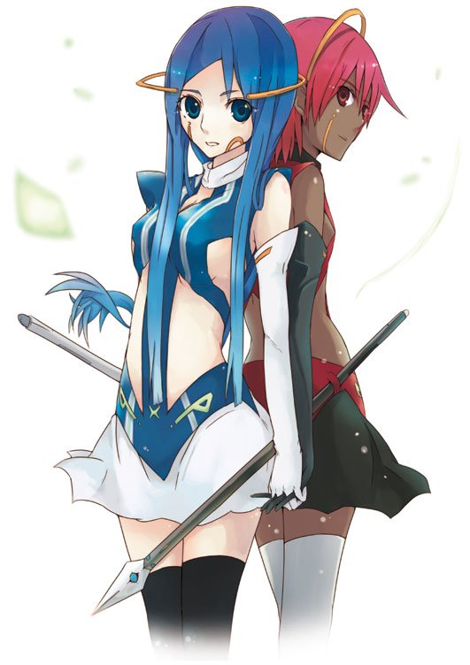 hrd, pixiv-tan, pixiv, bad id, bad pixiv id, 2girls, back-to-back, blue eyes, blue hair, dark-skinned female, dark skin, elbow gloves, flat chest, gloves, long hair, multiple girls, red eyes, red hair, short hair, thighhighs