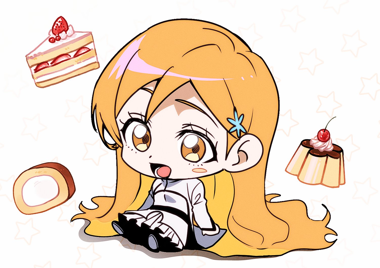 n (nauki 11), inoue orihime, bleach, 1girl, blush stickers, bread, brown eyes, cake, cherry, chibi, chibi only, dress, food, fruit, full body, hair ornament, hairclip, long hair, long sleeves, open mouth, orange hair, pudding, simple background, sitting, solo, star (symbol), star symbol background, strawberry cake, very long hair, white dress