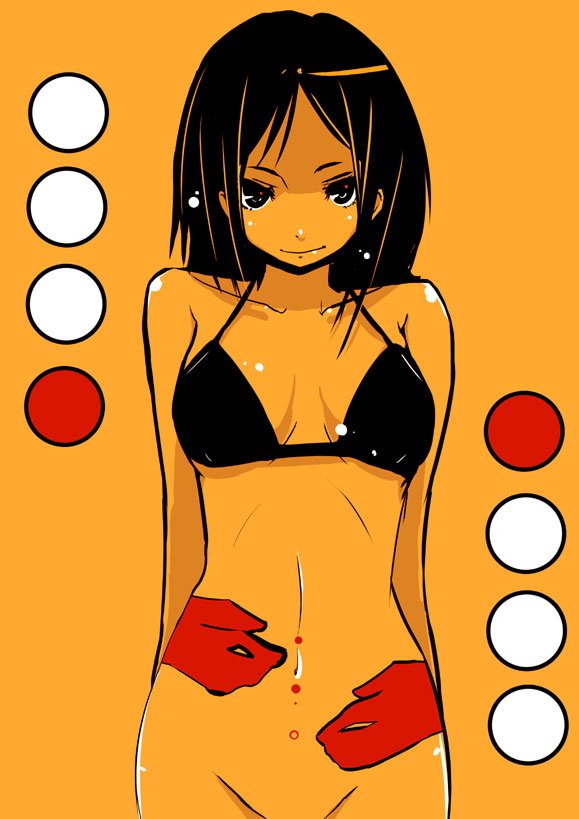 hrd, bad id, bad pixiv id, 1girl, black eyes, black hair, bodypaint, bottomless, bra, female focus, lingerie, long hair, smile, solo, underwear