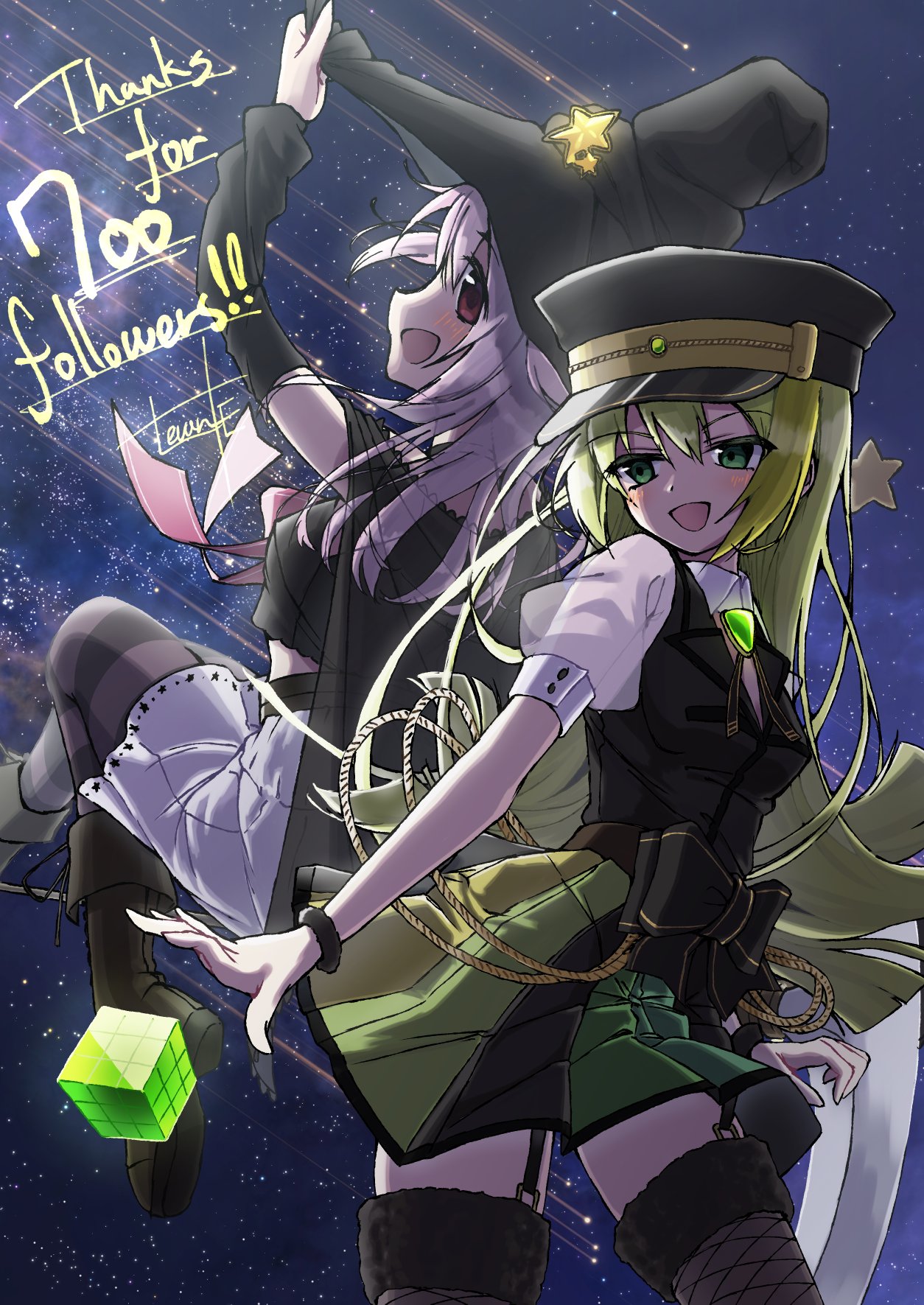 durchfallkaffee levante, alina gray, misono karin, touhou, highres, 2girls, black vest, english text, green eyes, hat, magical girl, multiple girls, night, night sky, peaked cap, rubik's cube, shirt, sky, star (sky), starry sky, vest, white shirt