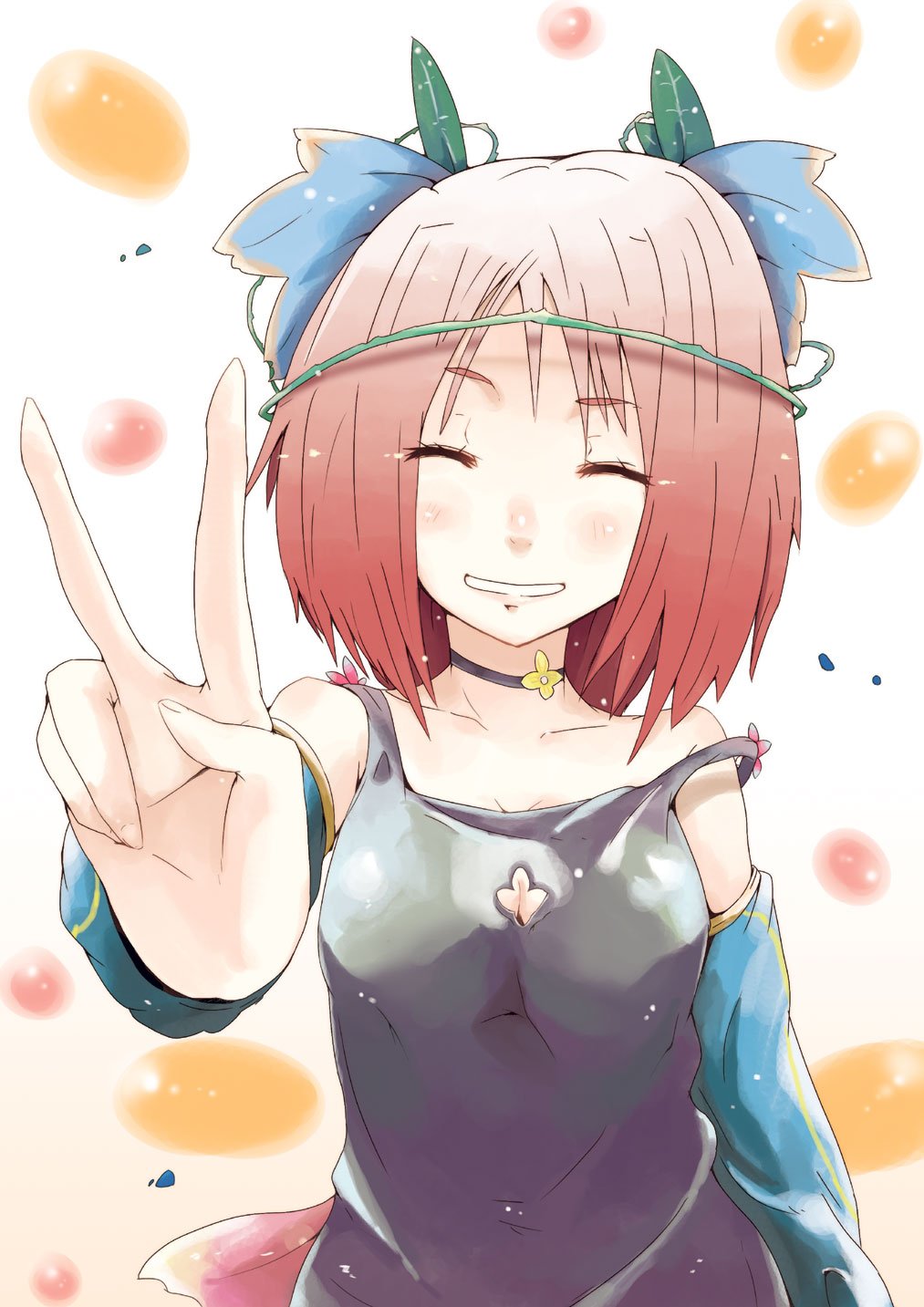 hrd, original, bad id, bad pixiv id, highres, camisole, choker, closed eyes, detached sleeves, hair ornament, happy, red hair, short hair, smile, solo, v