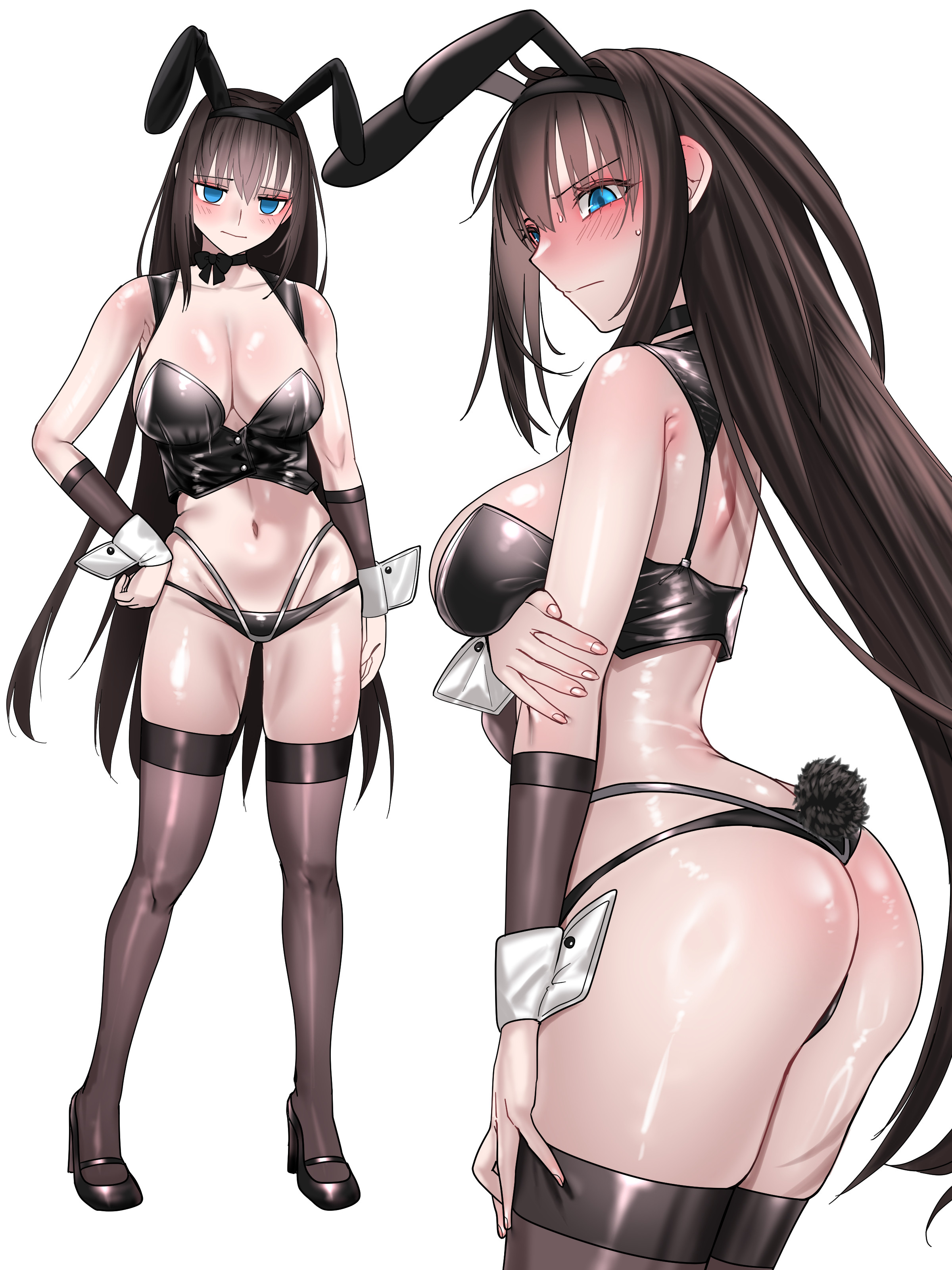 blue notuki, aozaki aoko, mahou tsukai no yoru, absurdres, highres, 1girl, animal ears, ass, bare shoulders, bikini, black bikini, black hair, black vest, blue eyes, blush, breasts, bunny day, cleavage, cowboy shot, fake animal ears, fake tail, full body, large breasts, leotard, multiple views, playboy bunny, rabbit ears, rabbit tail, simple background, swimsuit, tail, vest, white background