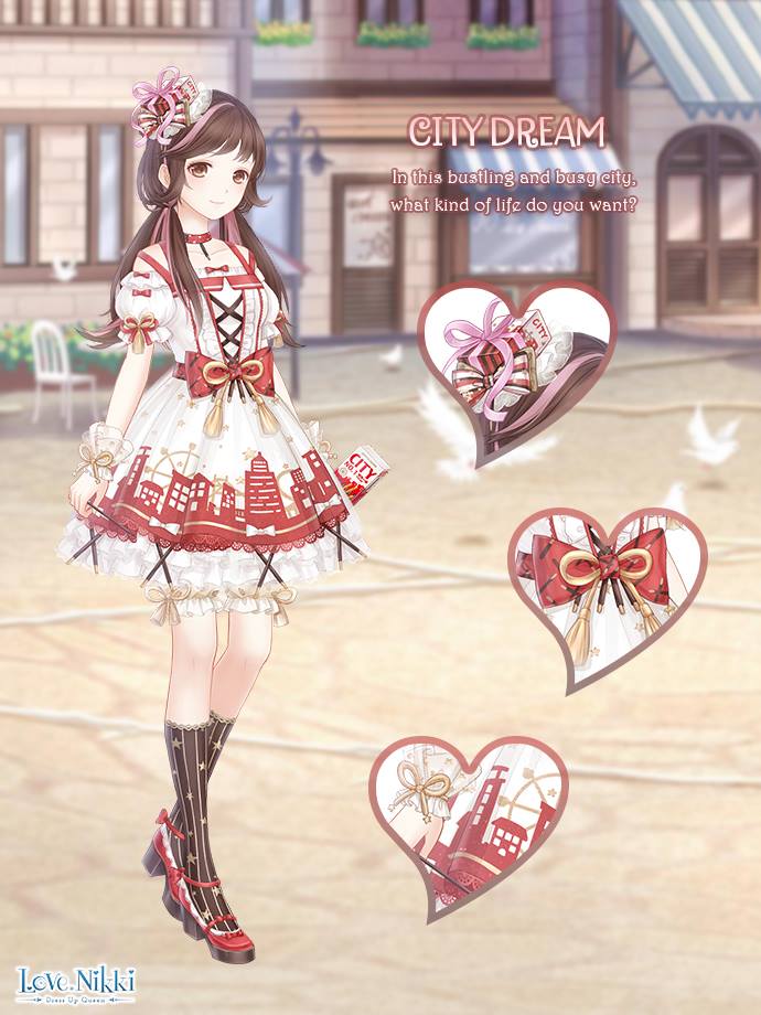 miracle nikki, nikki (series), artist request, official art, 1girl, bare shoulders, bird, black socks, bloomers, bow, brown eyes, brown hair, chair, character name, choker, city dream (miracle nikki), close-up, closed mouth, cobblestone, collarbone, copyright name, cross-laced clothes, cross-laced dress, day, detached sleeves, dot nose, dove, dress, english text, eyelashes, food, footwear bow, frilled dress, frilled wrist cuffs, frills, full body, gift, gift hair ornament, hair bow, hair ornament, happy, high heels, holding, holding food, kneehighs, lace-trimmed socks, light blush, logo, lolita fashion, long hair, looking at viewer, low twintails, multicolored bow, multicolored hair, outdoors, pink ribbon, pleated dress, polka dot choker, pumps, red bow, red choker, red shoes, ribbon, ribbon legwear, shoes, short dress, sidelocks, skyline, sleeve bow, sleeve ribbon, sleeveless, sleeveless dress, smile, snack, socks, solo, standing, star (symbol), star print, streaked hair, striped bow, striped clothes, striped socks, table, tassel, town, town square, twintails, underwear, vertical-striped clothes, vertical-striped socks, waist bow, waist ribbon, white bloomers, white dress, white sleeves, white wrist cuffs, wrist cuffs, wrist ribbon, yellow ribbon