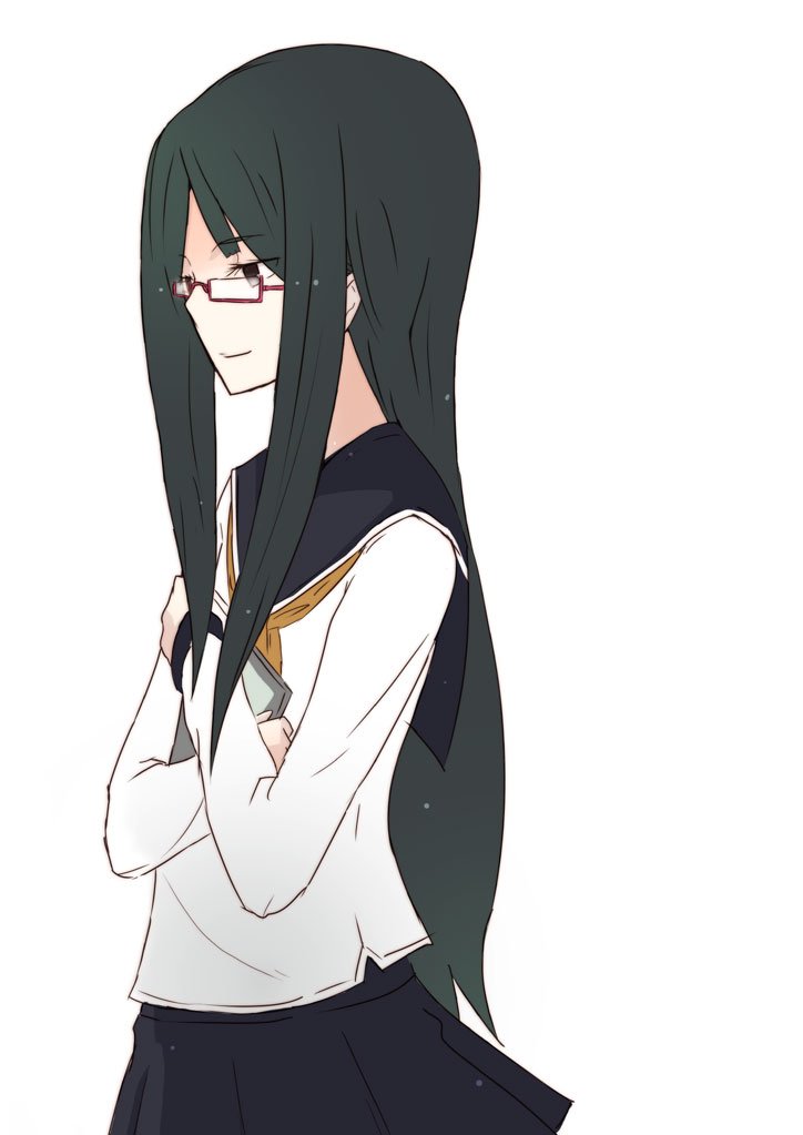 hrd, bad id, bad pixiv id, flat chest, glasses, green hair, long hair, school uniform, serafuku, smile, solo