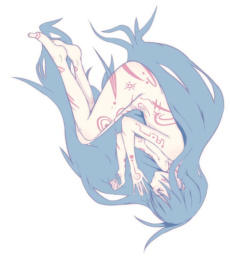 hrd, original, bad id, bad pixiv id, barefoot, blue hair, feet, flat chest, long hair, lying, nude, solo, tattoo
