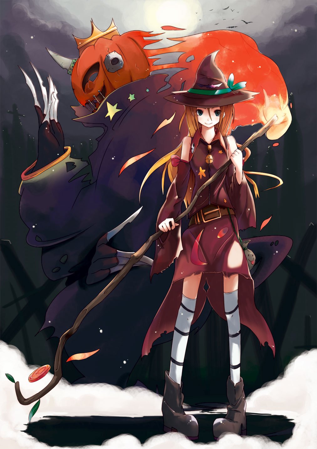 hrd, original, bad id, bad pixiv id, highres, bell, blonde hair, detached sleeves, hat, long hair, monster, night, pumpkin, smile, solo, thighhighs, witch, witch hat