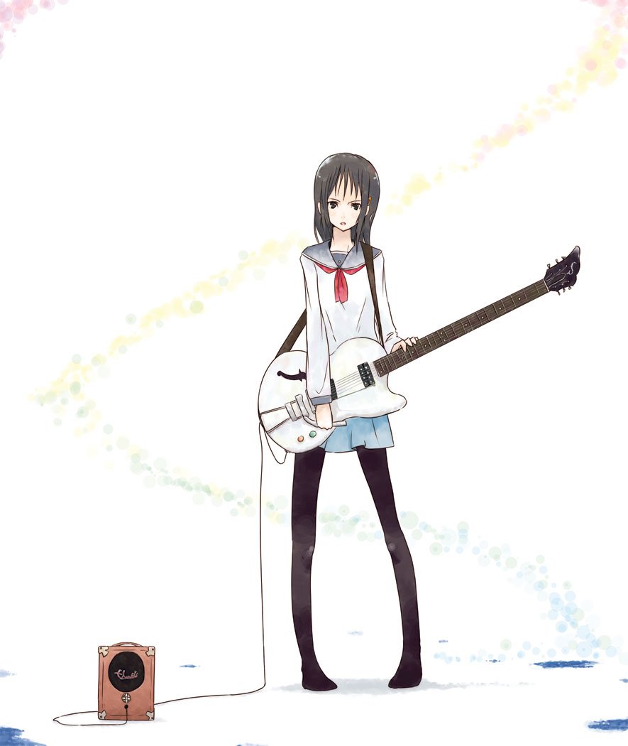 hrd, bad id, bad pixiv id, black eyes, black hair, cable, guitar, instrument, long hair, pantyhose, school uniform, serafuku, solo